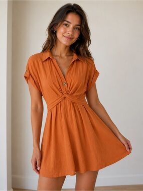 NWOT SANDRO PARIS Sigrid Collared summer linen orange Dress SIZE 10